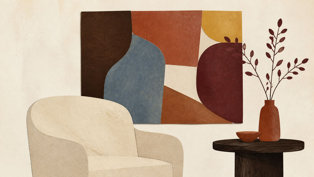 Handmade collage illustration in warm earthy 2026 interior colours