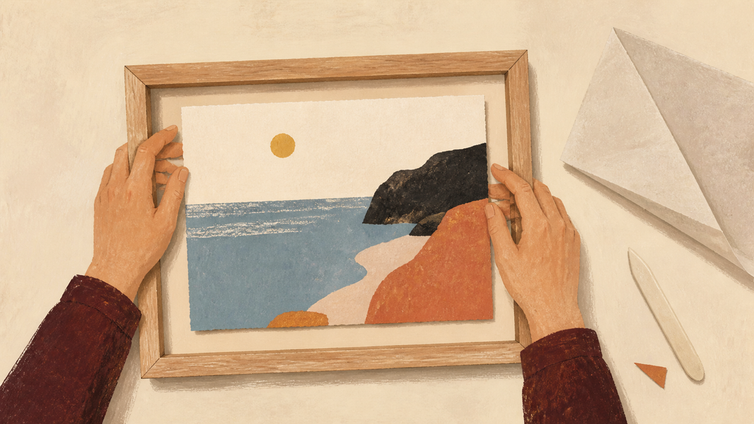 Handmade illustration of a fine art print being carefully framed