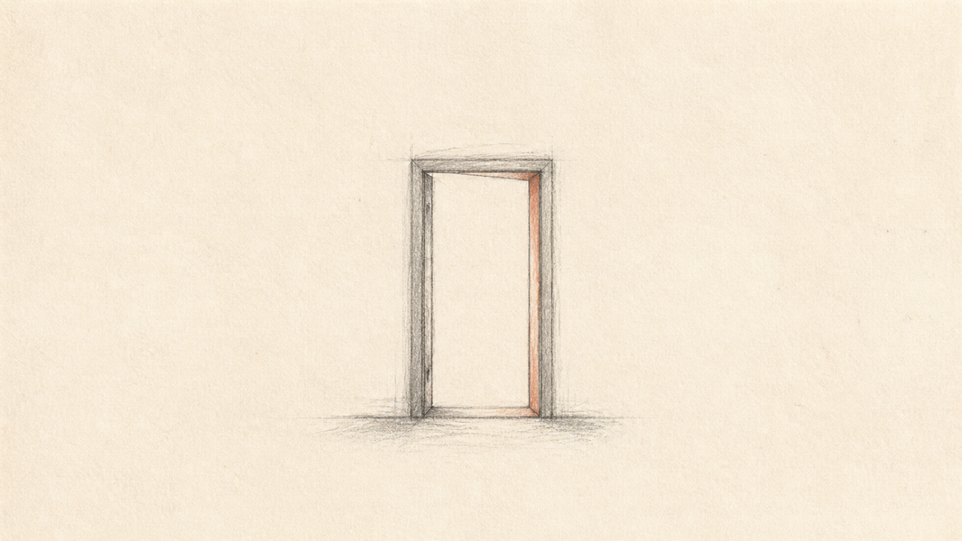 Graphite pencil study of an open doorway with a muted terracotta accent