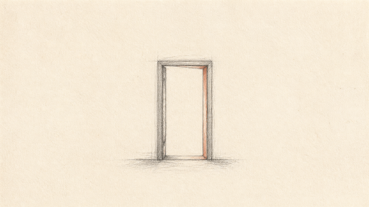 Graphite pencil study of an open doorway with a muted terracotta accent