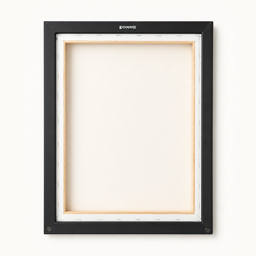 Back of a framed canvas with centered sawtooth hanging hardware